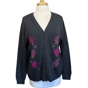 Koret Y2K Winter Argyle Floral Cardigan Sweater Women's L Wool Blend Grandmacore